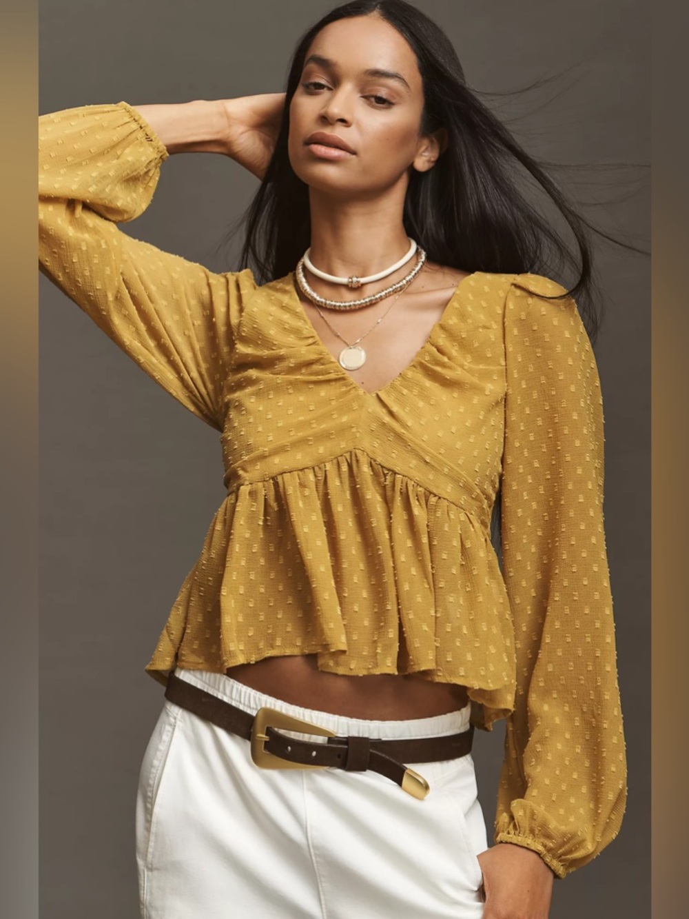 NWT Anthropologie Harvest Gold Textured V-Neck Peplum Blouse